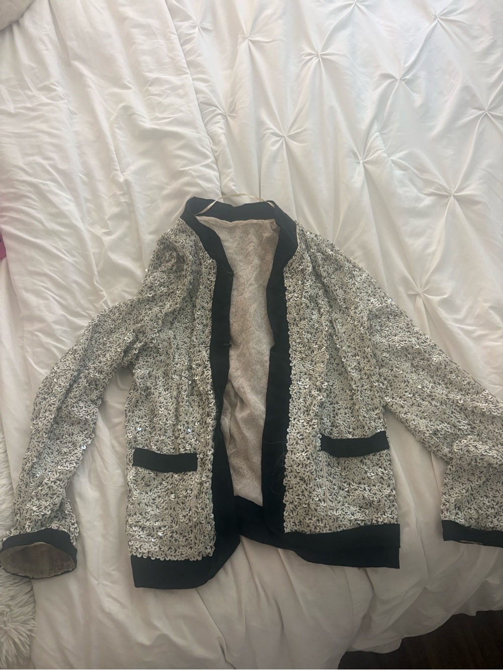 Vintage Silver Sequin Open Front Jacket with Black Trim